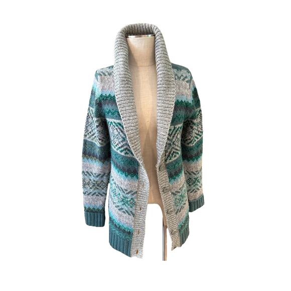 Maurices Cardigans Sweaters Womens Medium Green Gray Nordic Knit Shawl Collar - Picture 1 of 7